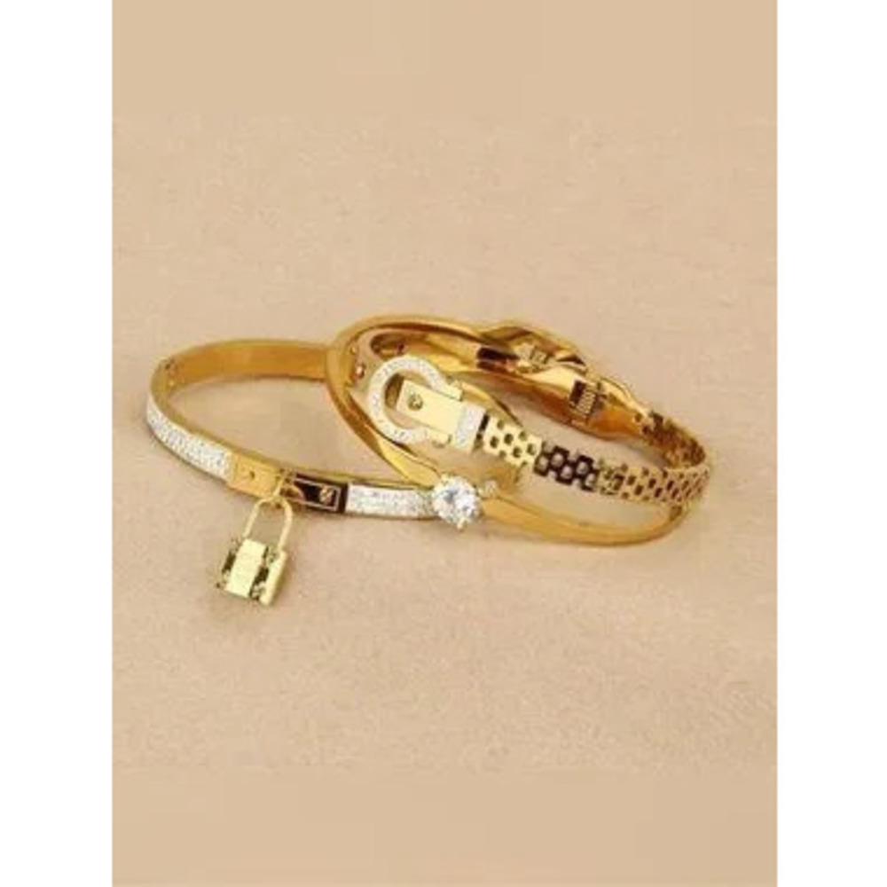 Gold Plated Stainless Steel 3-Piece Bracelet Set Lock,Buckle & Solitaire Design